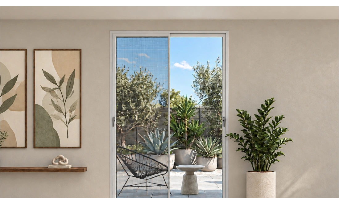 Window with a mesh shutter overlooking a garden