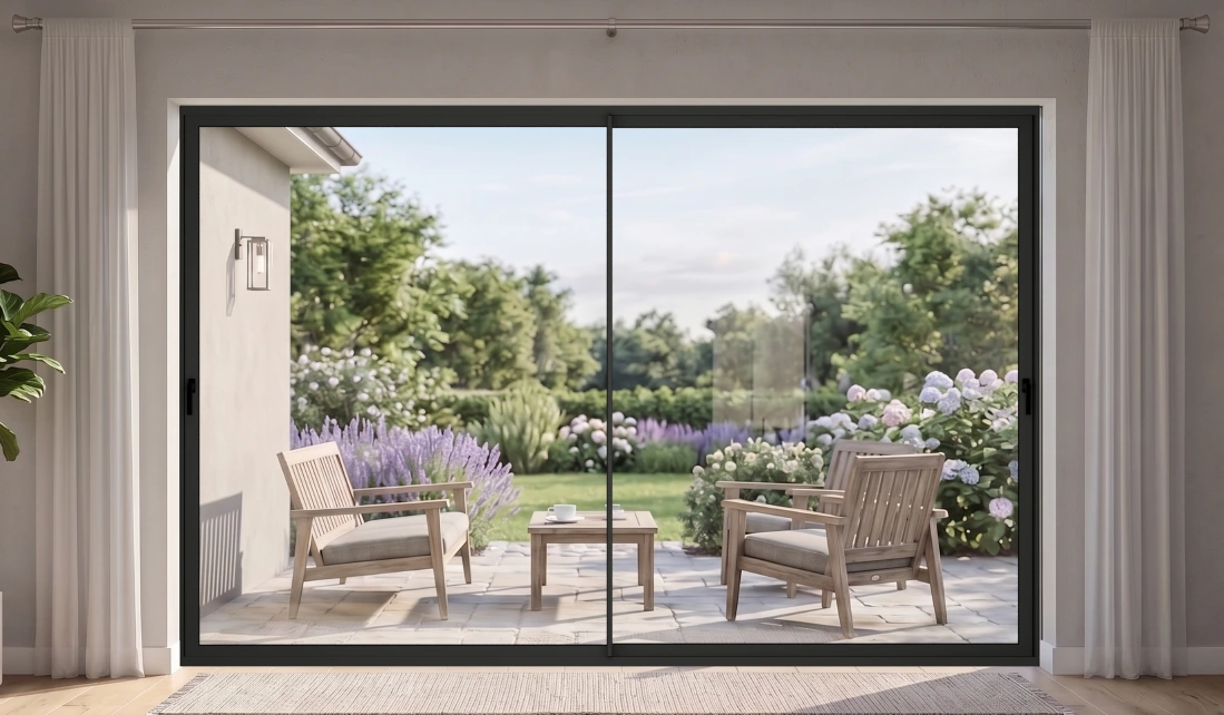 Two glass shutters opening onto a garden terrace